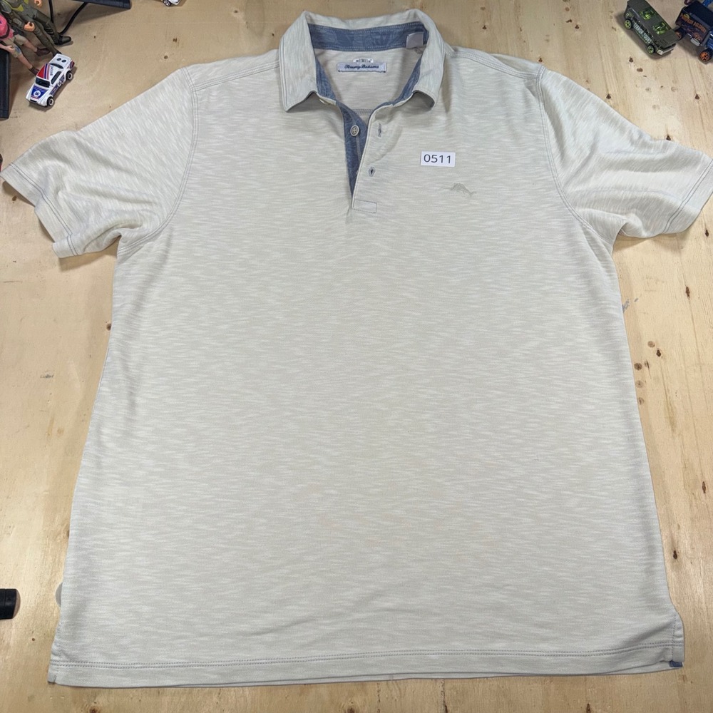 Tommy Bahama Mens L Beige Slub Polo Shirt Tencel Modal Marlin Logo Short Sleeve